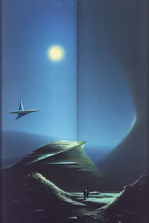 Prompt: emissary space by arthur haas and bruce pennington and john schoenherr, cinematic matte painting, zaha hadid building, photo realism, dark color palate, blue hour stars, desolate jungle landscape,
