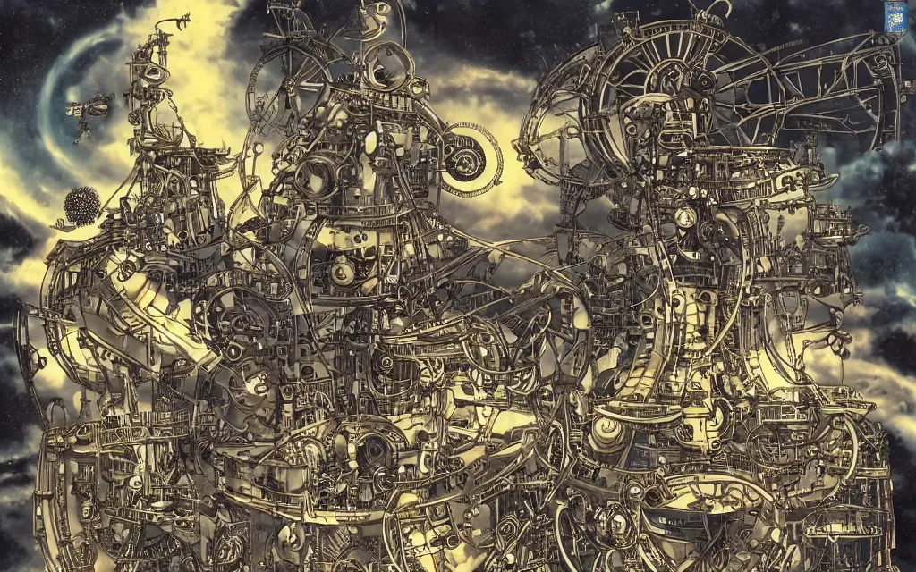 Image similar to complex alien technology that can create a portal, used to travel to different dimensions by eiichiro oda and alfred parsons, style of steampunk