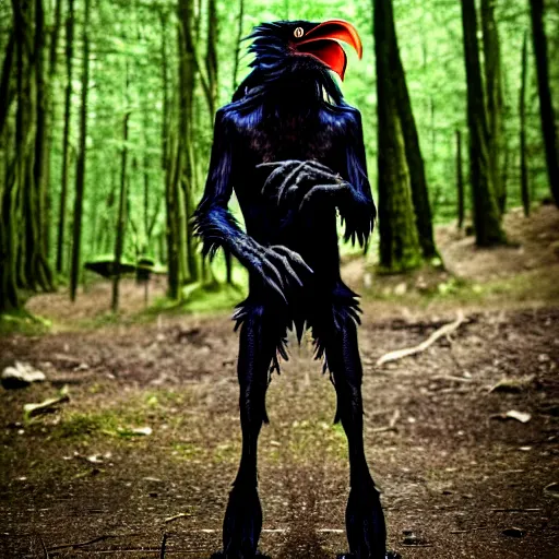 Image similar to werecreature consisting of a human and crow, photograph captured in a forest