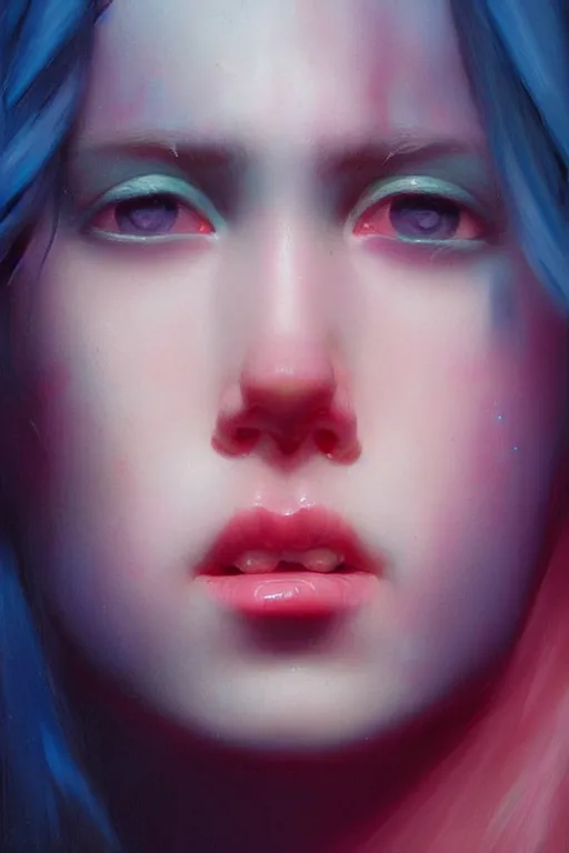 Image similar to a very pale skinned girl with deep blue eyes crying, neon pink tears, close up, highly detailed, intricate, sharp focus, subsurface scattering, art by caravaggio, greg rutkowski, sachin teng, thomas kindkade, ruan jia, norman rockwell, tom bagshaw.