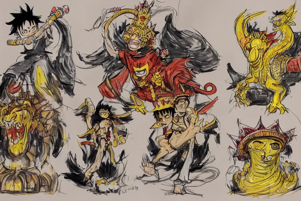 Image similar to concept sketches of luffy wearing a gold crown riding a large dragon by jamie hewlett, in the style of megaman