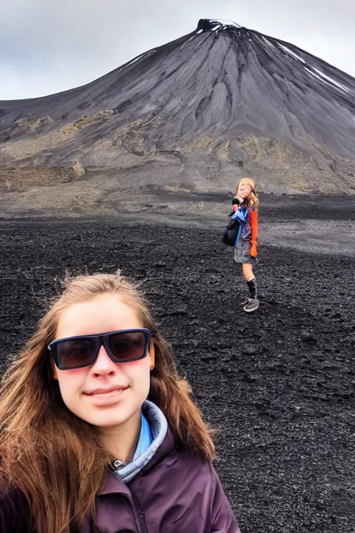 Image similar to girl taking selfie, blurred background, in front of icelandic volcano