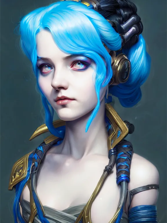 Image similar to a League of Legends FAN ART Portrait of JINX, blue hair, long pigtail, intricate, elegant, highly detailed, digital painting, concept art, smooth, sharp focus, illustration, by Laurie Greasley,Lawrence Alma-Tadema,Dan Mumford,artstation,deviantart,Unreal Engine,face enhance,8K,golden ratio,cinematic lighting