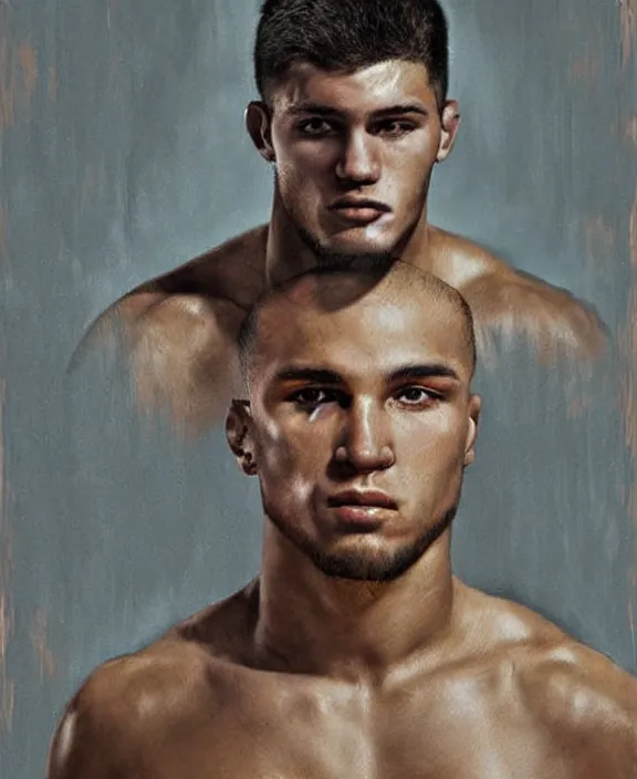 Prompt: portrait of a handsome young brazilian ufc fighter, art by denys tsiperko and bogdan rezunenko, hyperrealism