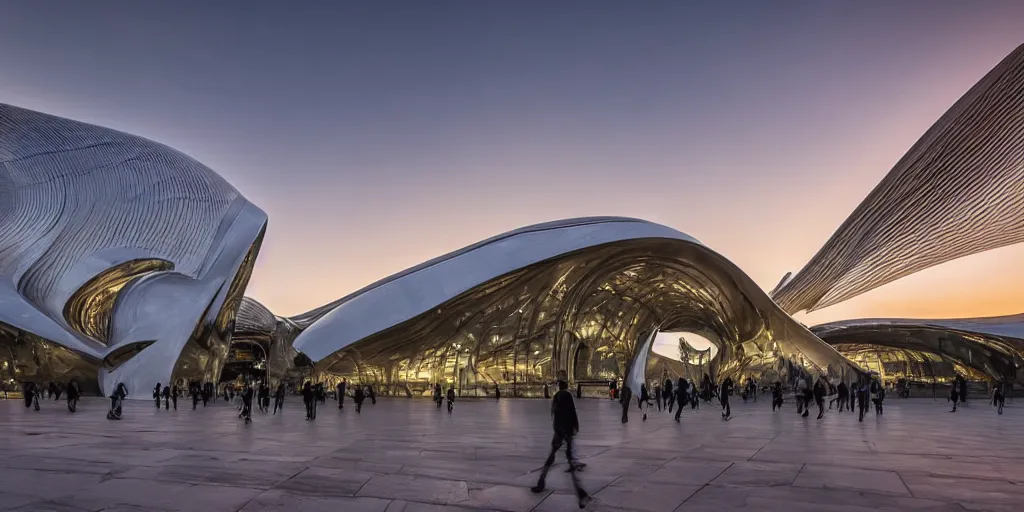 Image similar to extremely detailed ornate stunning sophisticated beautiful elegant futuristic museum exterior by Zaha Hadid, Milan buildings in the background, smooth curvilinear design, stunning volumetric light, stainless steal, concrete, translucent material, beautiful sunset, tail lights