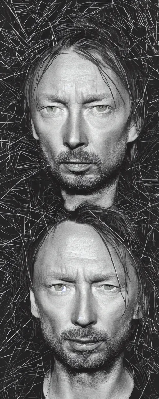 Image similar to disco diffusion portrait of Thom Yorke, hiding in the bushes looking shifty