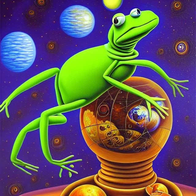 Image similar to an oil on canvas portrait painting of kermit, surrealism, surrealist, cosmic horror, rob gonsalves, high detail