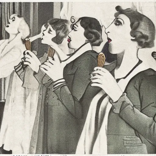 Image similar to Women from the 1920s wearing a man's suit eating ice cream, looking up at the clouds