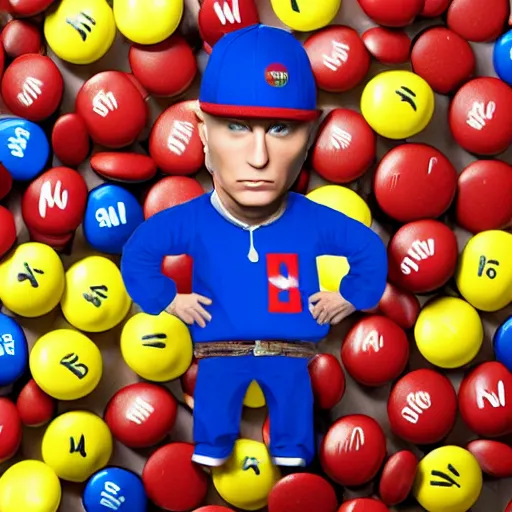 Prompt: an m&m’s mascot disguised as Eminem