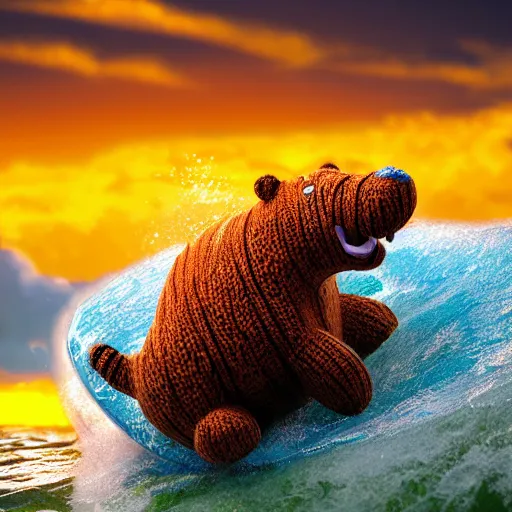 Image similar to a closeup photorealistic photograph of a smiling cute knitted tiger hippopotamus plush toy riding a large wave during sunset. surf in the background. professional capture. brightly lit scene. this 4 k hd image is trending on artstation, featured on behance, well - rendered, extra crisp, features intricate detail, epic composition and the style of unreal engine.