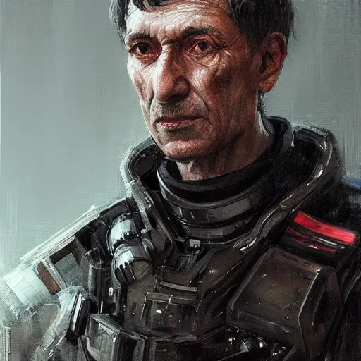 Prompt: Portrait of a man by Greg Rutkowski, he is about 60 years old, short black hair with bangs, his features are a mix between French, Turkish and Russian, dying, expression of epiphany and realization, he is wearing a futuristic tactical gear, highly detailed portrait, digital painting, artstation, concept art, smooth, sharp foccus ilustration, Artstation HQ.