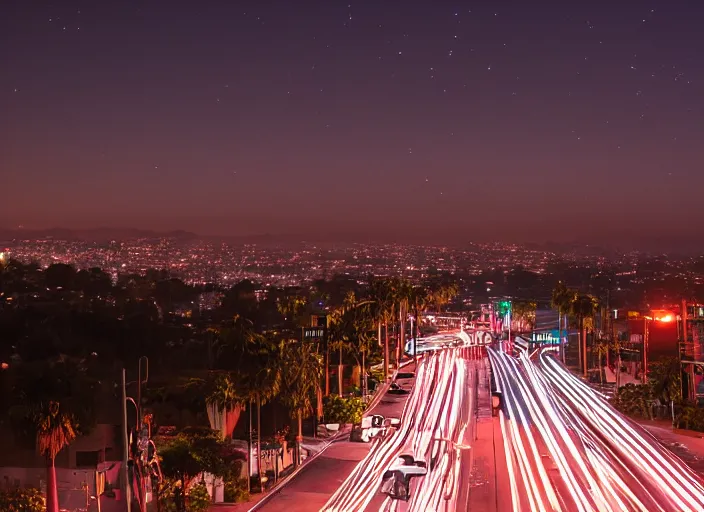 Image similar to a cinematic shot of los angelas at midnight, canon eos c 3 0 0, ƒ 1. 8, 3 5 mm, 8 k, medium - format print, inspired by roger deakins cinematography