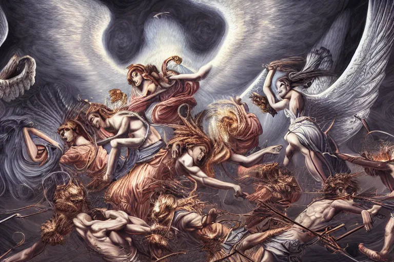 Image similar to hyper detailed digital illustration of angels battling demons