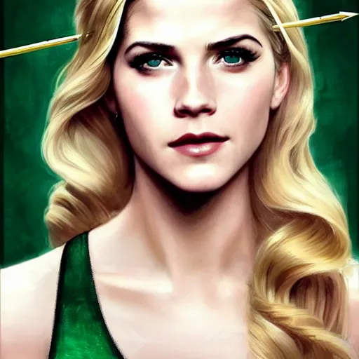 Image similar to A combination of Katheryn Winnick's and Grace Kelly's and Emma Watson's faces with blonde hair as Green Arrow, western, D&D, fantasy, intricate, elegant, highly detailed, digital painting, artstation, concept art, matte, sharp focus, illustration, art by Artgerm and Greg Rutkowski and Alphonse Mucha