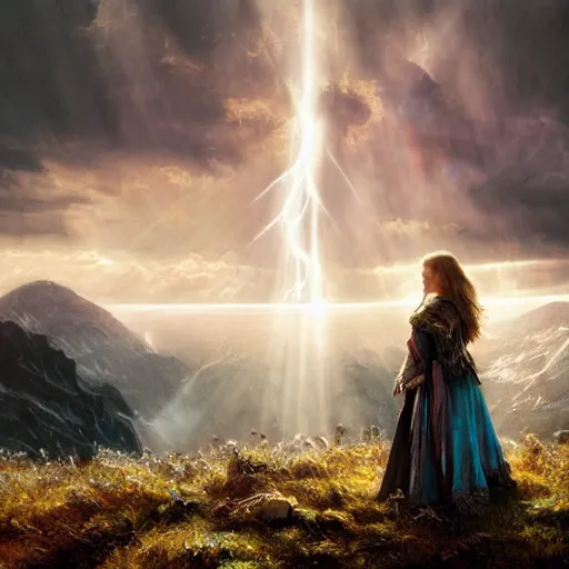 Image similar to wizard, argentina, natalie portman, hudson river school, max rive, full plate armor, f 1 6, bokeh, gentle, female, snowy mountain, storm clouds, god rays, close up portrait, d & d, fantasy, elegant, teal pink white gold color palette, concept art, roger deakins and greg rutkowski and alphonse mucha