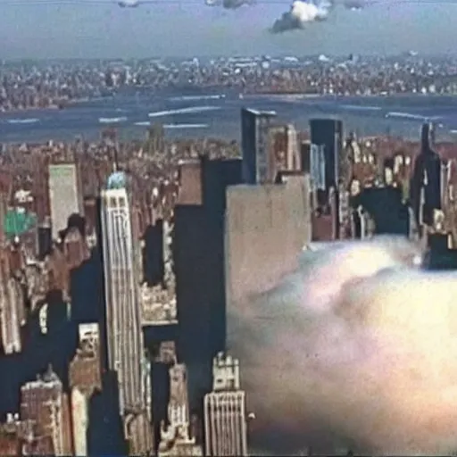 Image similar to realistic image of a tall nuclear bomb cloud over new york city, cctv footage, high quality