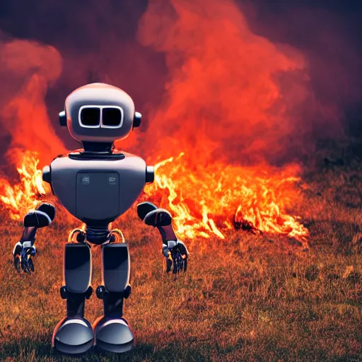 Prompt: futuristic robot bent on knees towards a burning field, photograph, smoke, dark, 8k, detailed