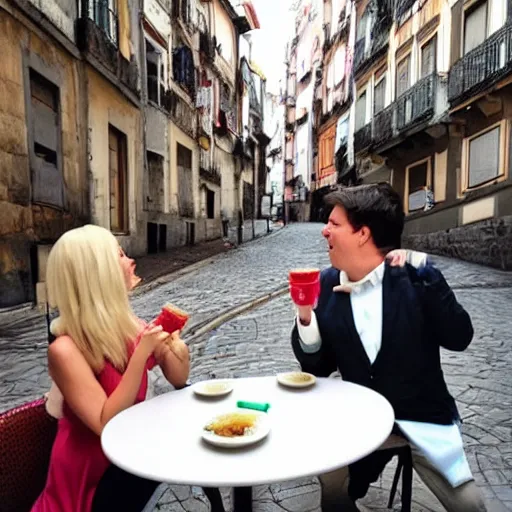 Image similar to a blonde woman & Michael mcintyre eating gelato & tea in Porto, greg rutkowski