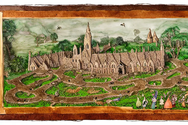 Image similar to an elaborate and dense painting of redwall abbey in mossflower wood with lots of mice and rabbits and otters walking around, detailed, made of alcohol ink on parchment and penned illustrations, by brian jacques