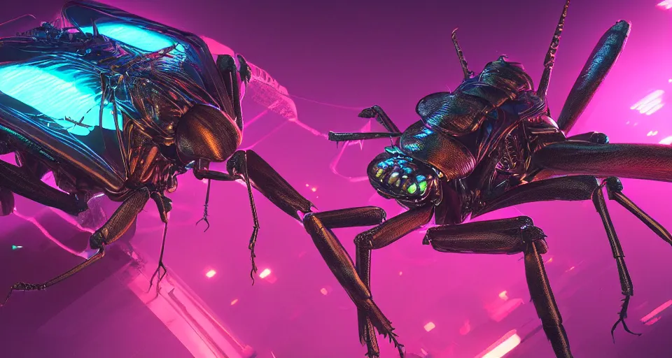 Image similar to giant insect under neon lights, hyperdetailed, close up, artstation, cgsociety, cinematic lighting 8k