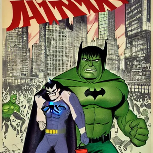 Prompt: glossy old advertising poster, batman and hulk walking through crowded gotham street, drawn comic by junji ito, pastels, gradient