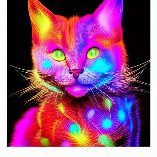 Image similar to concept character colorful fractal cute cat glowing luminescent detailed filigree on black background 4 k