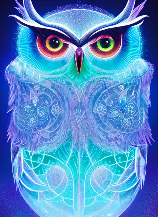 Image similar to symmetry!! product render poster vivid colors divine proportion owl, ice and snow, glowing fog intricate, elegant, highly detailed, digital painting, artstation, concept art, smooth, sharp focus, illustration,