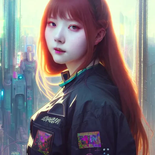 Image similar to painting of cyberpunk chuu loona kpop smiling cheerfully, ultra realistic, concept art, intricate details, eerie, highly detailed, photorealistic, octane render, 8 k, unreal engine. art by artgerm and greg rutkowski and magali villeneuve and alphonse mucha