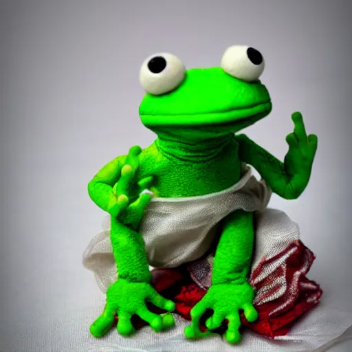 Image similar to frog cleric as an albino chibi muppet plush made entirely from transparent egg white sheer fabric wearing red and green overalls and carrying a tiny sketch book and pencil, photorealistic, photography, national geographic, sesame street