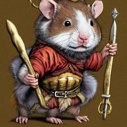 Image similar to cartoon illustration of a hamster dressed as a viking jarl, by Ted Nasmith and by Joe Jusko, 4K, trending on ArtStation, sfumato, centered