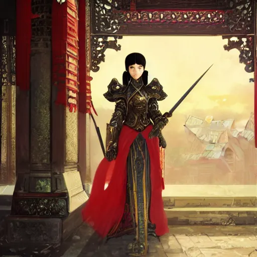 Prompt: portrait black hair young knights of Dynasty Warriors girl, metallic red armor, in ruin chinese temple balcony sunset, ssci-fi and fantasy, intricate and very beautiful and elegant, highly detailed, digital painting, soft light, artstation, concept art, smooth and sharp focus, illustration, art by tian zi and WLOP and alphonse mucha