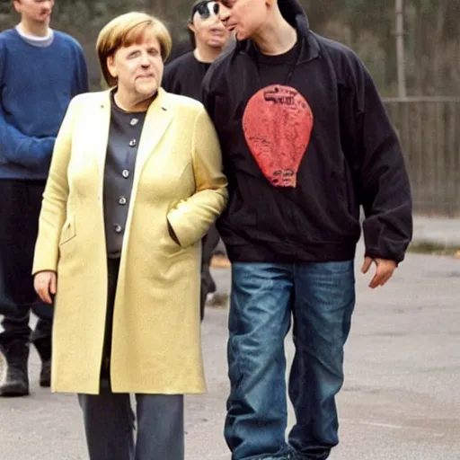 Prompt: Angela Merkel dressed as Eminem in the movie 8 mile, movie still