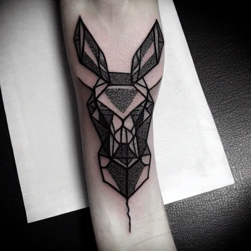 Image similar to dark geometric isometric pixel art crystaline stag head, tattoo on forearm