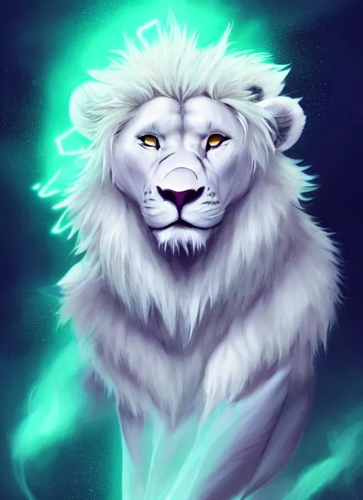 Image similar to !dream aesthetic portrait commission of an albino male furry anthro lion wearing a mint colored thin cloack, pastel Neon lense flares. Atmospheric. Character design by charlie bowater, ross tran, artgerm, and makoto shinkai, detailed, inked, western comic book art, 2021 award winning painting