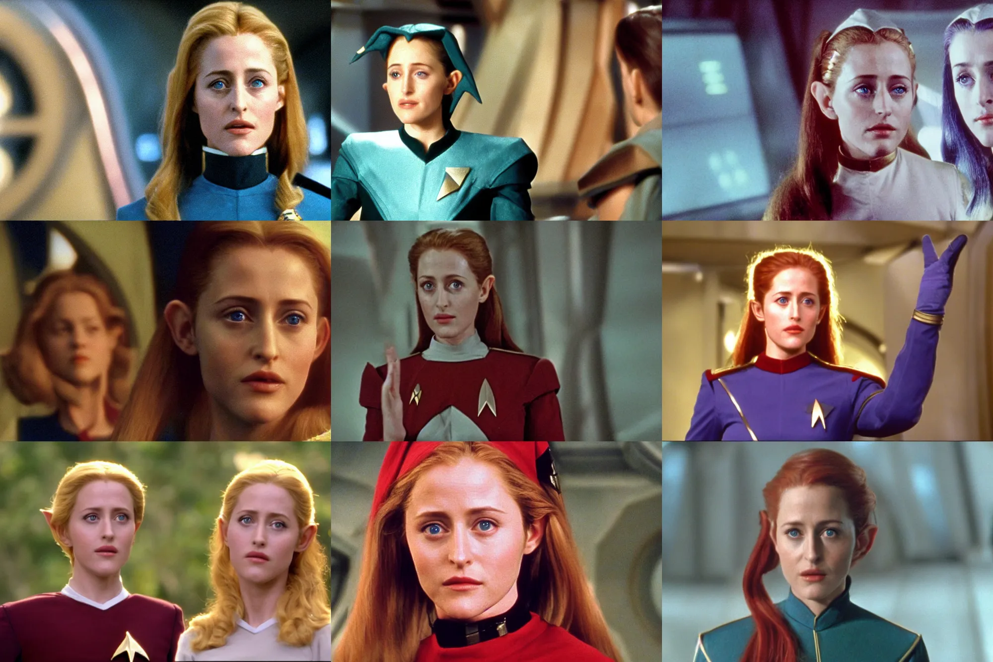 Prompt: 4K video of young attractive high-fantasy elf (played by a young Gillian Anderson 1996) in a Starfleet uniform in Star Trek, scene where she is on Deep Space Nine, photorealistic, soft light, cinematic lighting, sharp, camera
