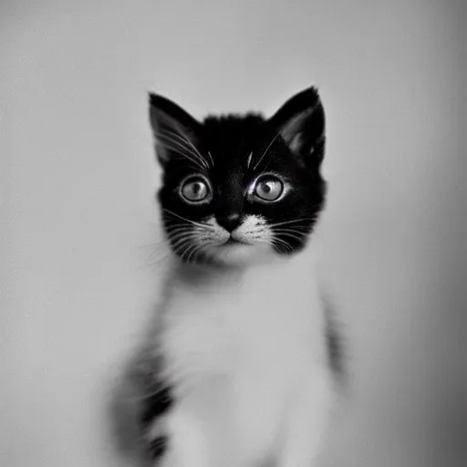 Image similar to a portrait photo of a cute kitten wearing a tuxedo by edward weston, auto graflex, 2 1 0 mm ƒ / 6 4 zeiss tessar, agfa isopan iso 2 5, pepper no. 3 5, 1 9 3 0, high quality photo, highly detailed, studio lighting, fine - art photography, tack sharp