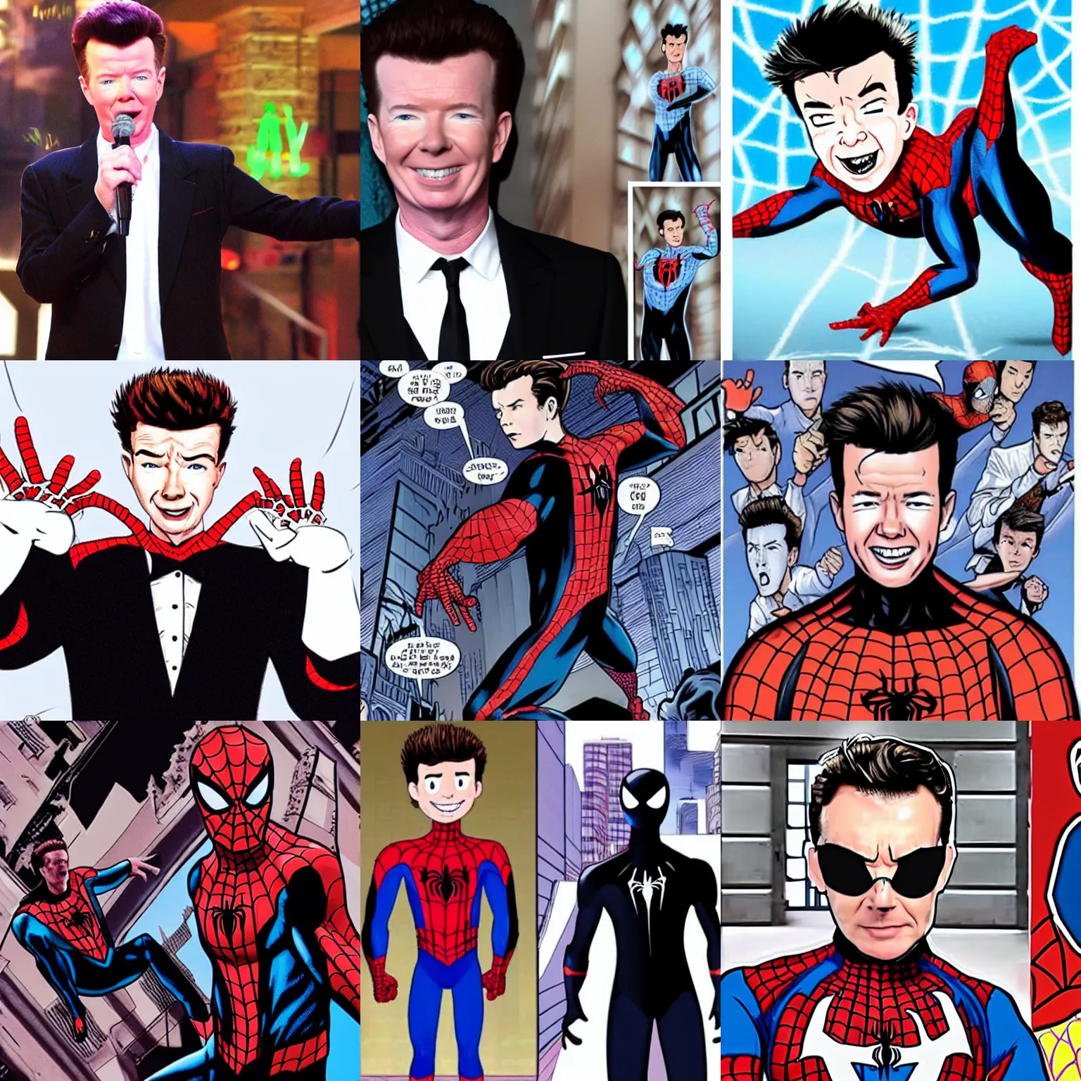 Prompt: Rick Astley as Spider-Man rickrolling Venom