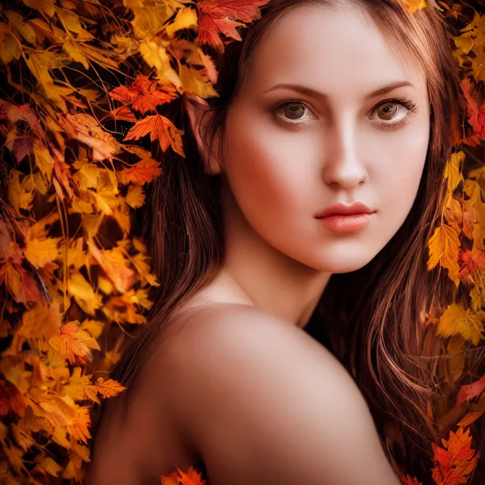 Prompt: portrait of a beautiful woman. very coherent symmetrical artwork. cinematic, hyper realism, high detail, 8k, soft autumn sunlight, natural background, 50 mm lens photography, 3/4 view portrait, full body portrait