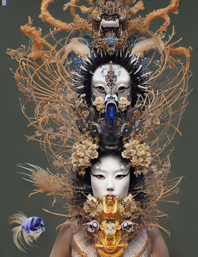 Image similar to goddess portrait with mask and crown made of ram skull. beautiful intricately detailed japanese crow kitsune mask and clasical japanese kimono. betta fish, jellyfish phoenix, bioluminescent, plasma, ice, water, wind, creature, super intricate ornaments artwork by tooth wu and wlop and beeple and greg rutkowski