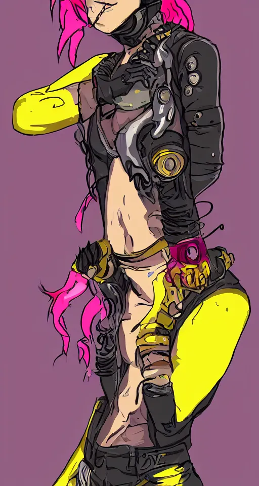 Image similar to portrait of a female gutter punk cyborg, yellow and pink, in the style of Cowboy Bebop