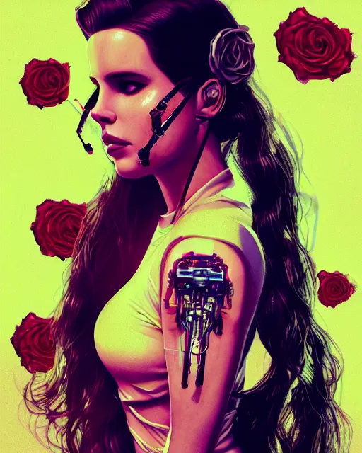 Image similar to portrait of lana del rey as a cyberpunk cyborg. sci - fi intricate abstract upper body intricate artwork, roses, rose petals by tooth wu, wlop, beeple, dan mumford. concept art, octane render, trending on artstation, greg rutkowski, asymmetrical, cinematic arthouse, key art, hyper realism, iridescent accents