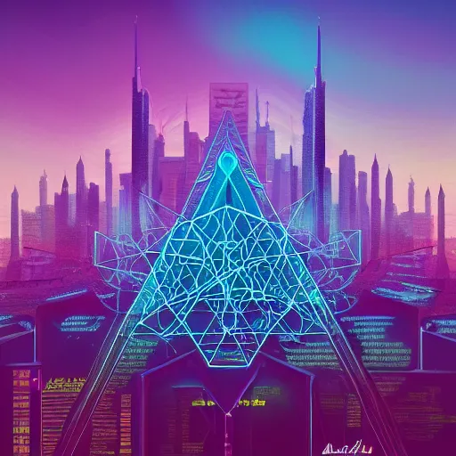 Image similar to matte painting of the sacred geometry of cyberpunk, brilliant colors, extremely detailed, very very detailed, in the style of alena aenami by Alex grey, HD, 4k, 8k