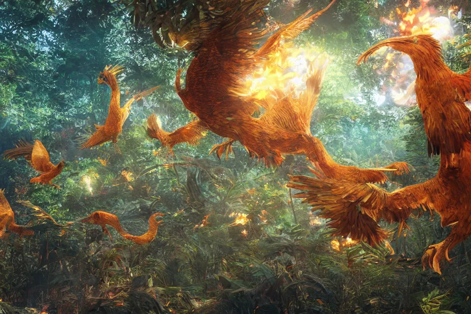 Prompt: flock of fiery golden phoenix birds in tropical forest, insanely detailed, digital art, photorealistic, wimmelbilder, unreal engine 5, dynamic lighting, raytracing effects, 1 6 k