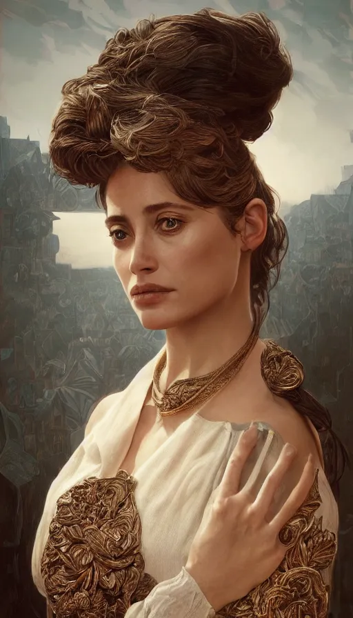 Image similar to emanuelle beart, traditional clothing, fame of thrones, fibonacci, sweat drops, intricate fashion clothing, insane, intricate, highly detailed, surrealistic, digital painting, artstation, concept art, smooth, sharp focus, illustration, unreal engine 5, 8 k, art by artgerm and greg rutkowski and alphonse mucha