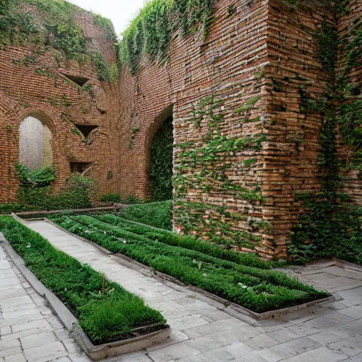 Prompt: courtyard complex of a labyrinthine monastary made of fractal resursively stacked bricks, fusion of carlo scarpa and thomas heatherwick, moss and ivy growing on the bricks, architectural photography