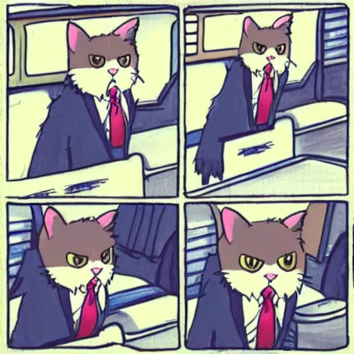 Prompt: “ angry cat wearing a suit riding the subway in new york city, studio ghibli, spirited away, princess mononoke, anime style, by hayao miyazaki ”