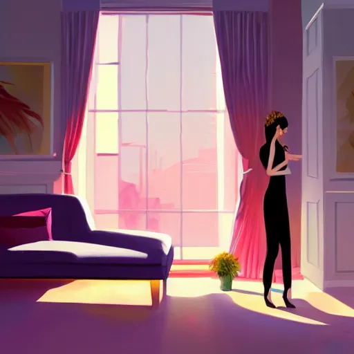 Image similar to giant flower under head, woman next to modern windows, luxury apartment, surreal photography, dramatic light, impressionist painting, digital painting, artstation, james gilleard