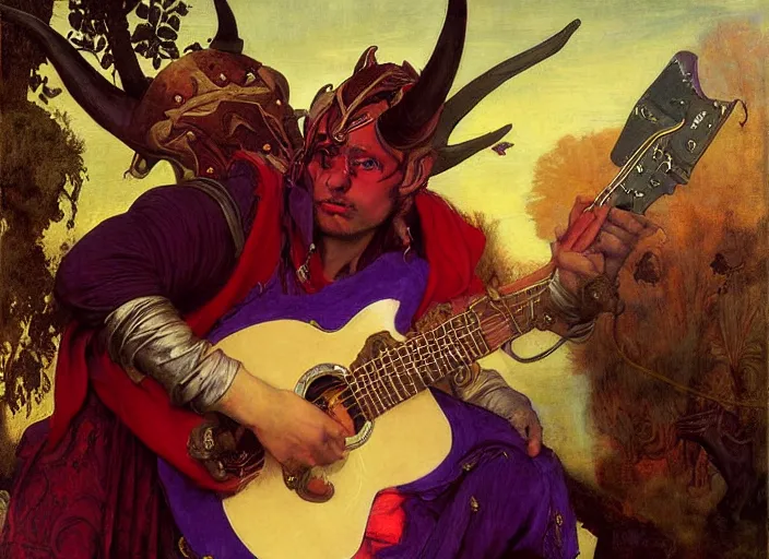 Image similar to a tiefling bard with red skin and horns, wearing purple playing guitar. edgar maxence and caravaggio and michael whelan and delacroix style, artistic, intricate painting, cinematic lighting, hyper realistic, extremely detailed, vivid colors, establishing shot, dramatic lighting