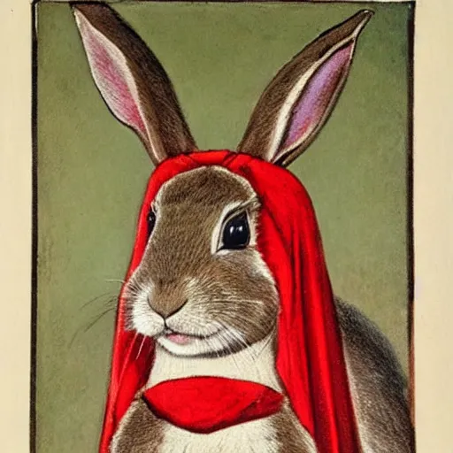 Prompt: a rabbit wearing a red cape, in the style of fanny brate