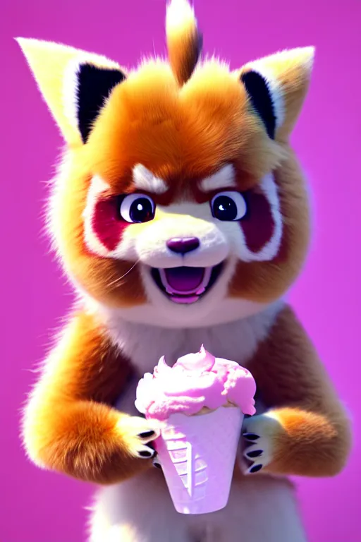 Prompt: high quality 3 d render hyperrealist very cute pastel fluffy! grumpy dragon red panda hybrid eating giant ice cream full body, vray smooth, in the style of detective pikachu, hannah yata charlie immer, dramatic pink light, low angle, uhd 8 k, sharp focus